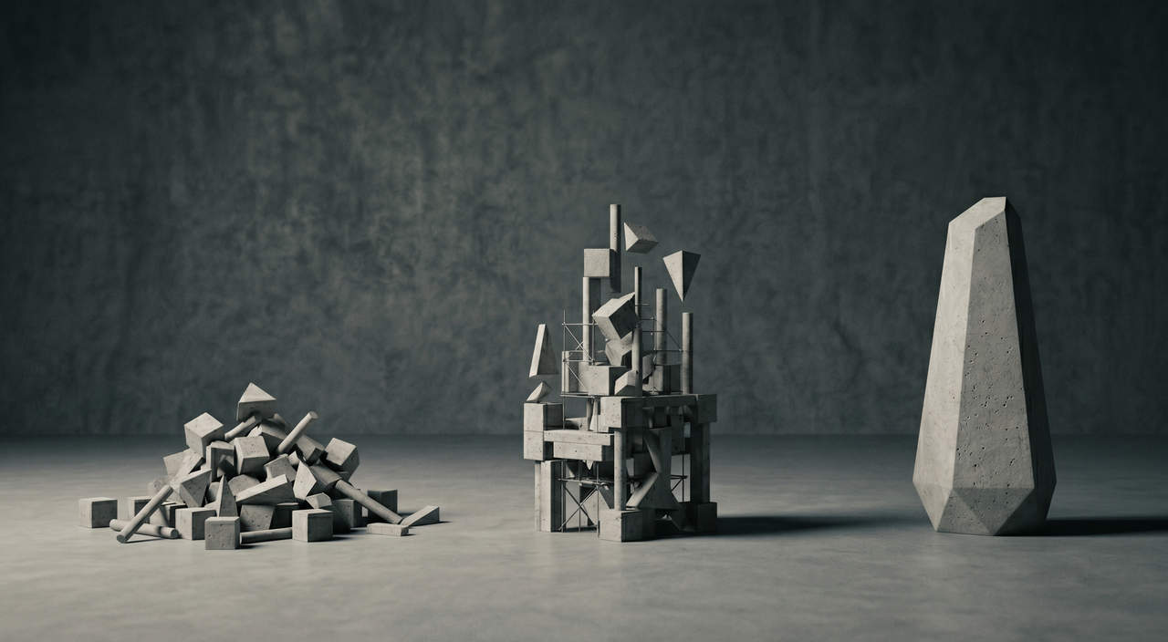 Three sculptural forms representing Smuz's audit, build, and handover process